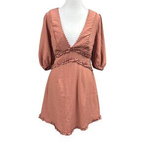 Saints + Secrets Ruffle Bubble Sleeve Deep V Neck Mini Dress Sz M